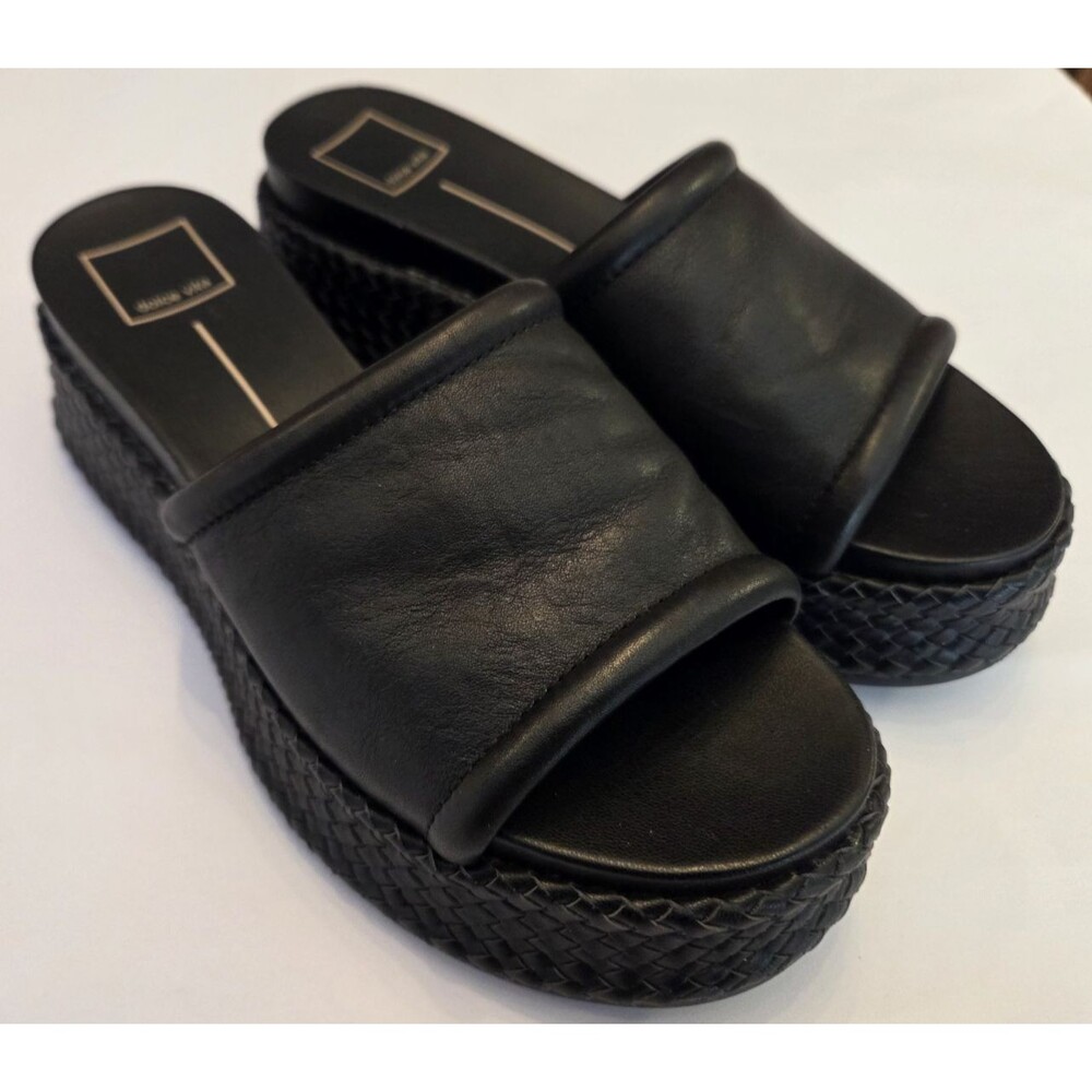 Dolce Vita Wimsyn Platform Sandals Womens 7 Black Leather Woven Slide Shoes
